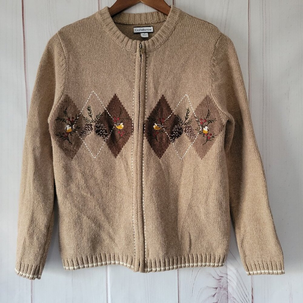 Croft & Borrow Zip Up Silk Blend Embroidered Bird Sweater, Brown/Tan, Women’s S
